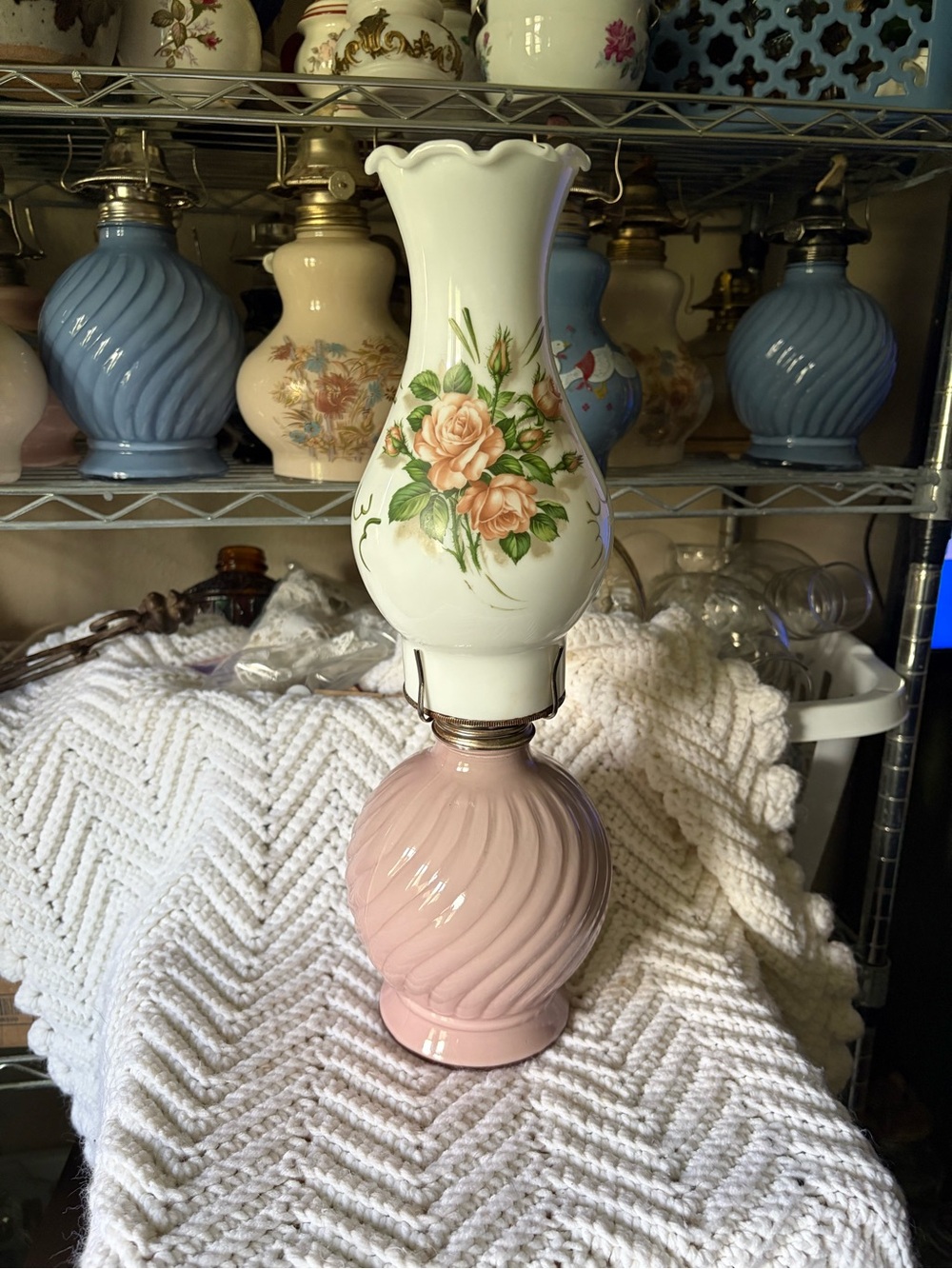 Vintage Pink Kadaan Oil Lamp with Milk Glass Chimney
